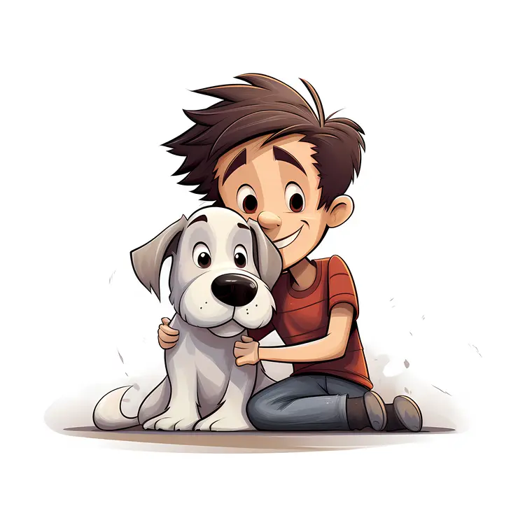 Boy Hugging His Dog in a Red Shirt
