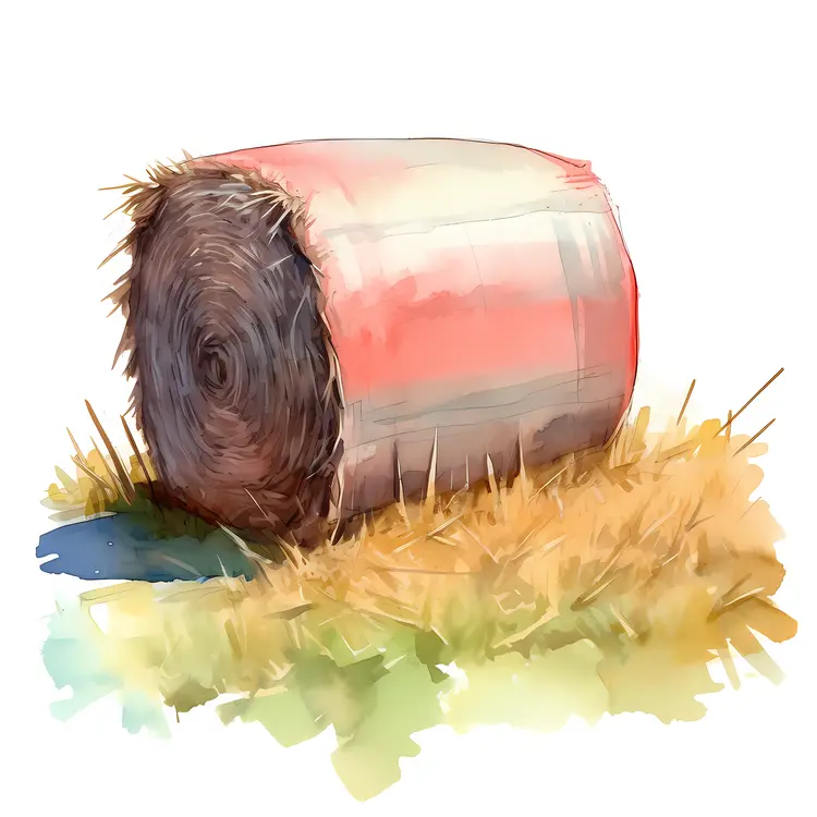 Watercolor Hay Bale on a Farm