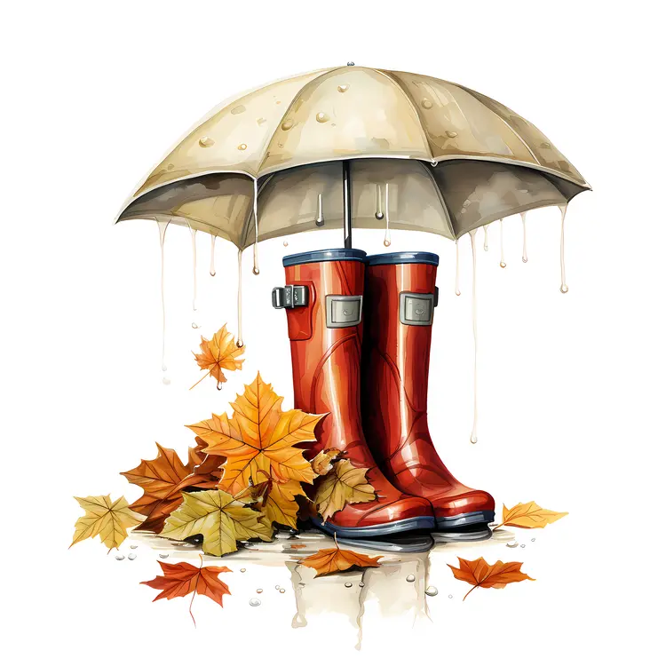 Red Boots and Umbrella with Autumn Leaves