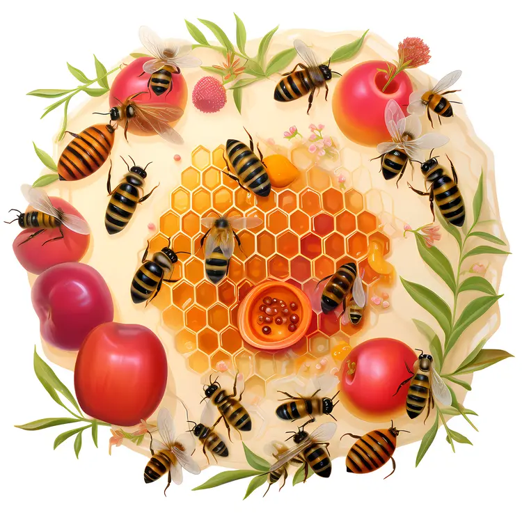 Bees and Honeycomb with Apples and Flowers