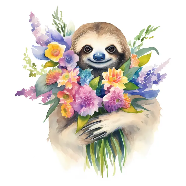 Cute Sloth Holding a Colorful Bouquet in Watercolor Style