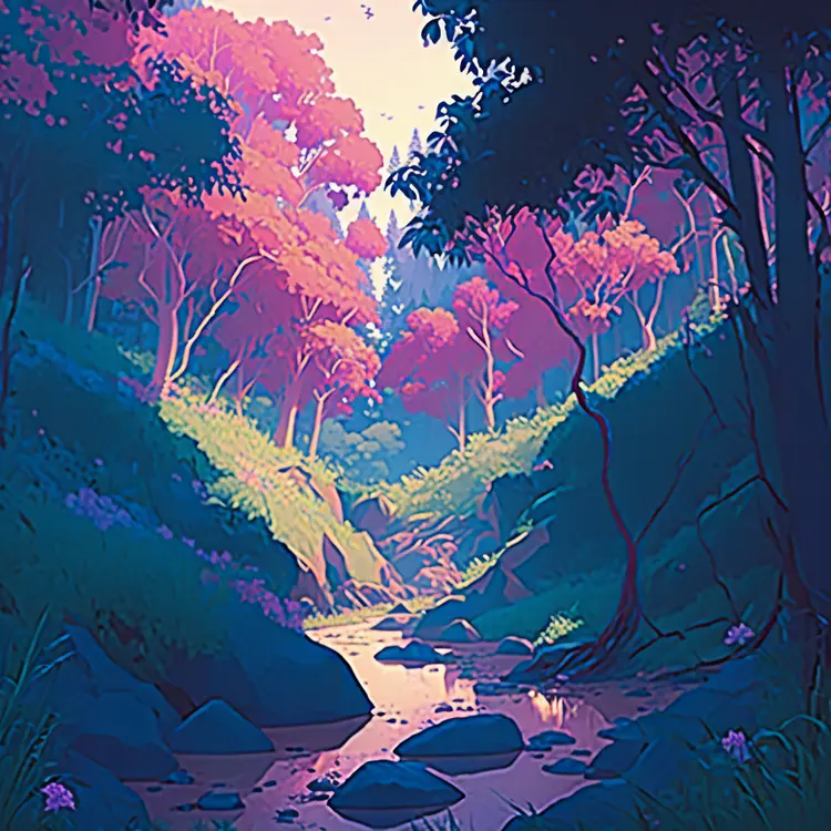 Colorful Forest with Stream in Scenic Landscape