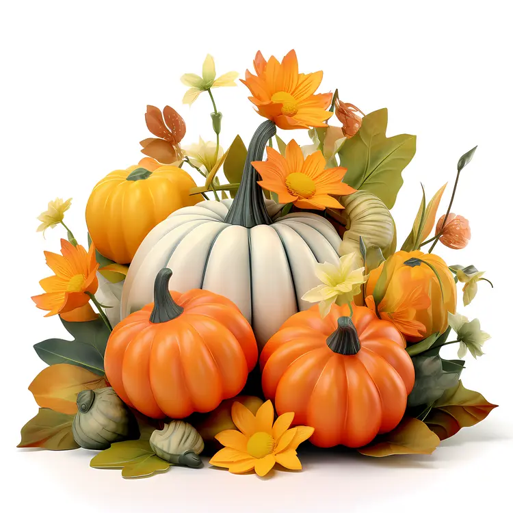 Autumn Decoration with Pumpkins and Flowers
