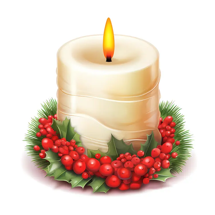White Christmas Candle with Holly and Berries