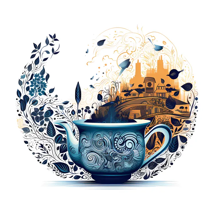 Blue Teacup with Cityscape and Leaf Design
