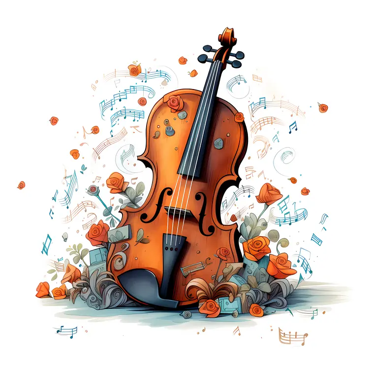 Violin with Roses and Musical Notes