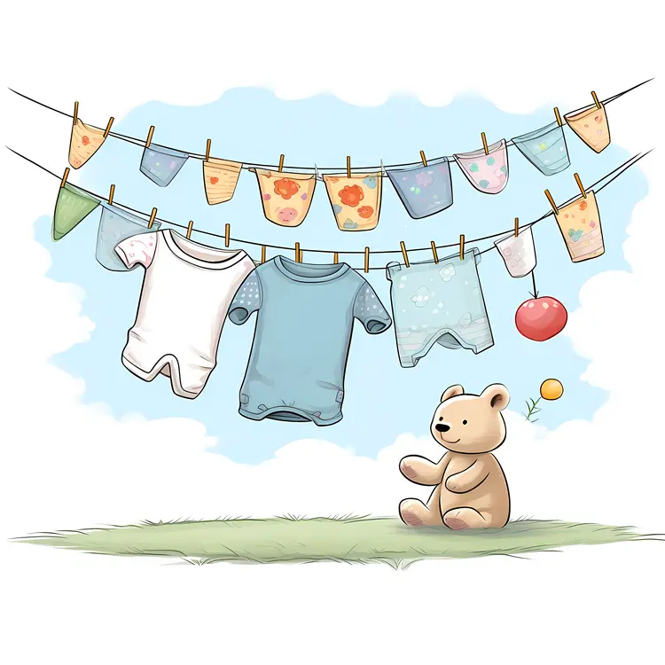 Cute Teddy Bear with Baby Clothes on Clothesline