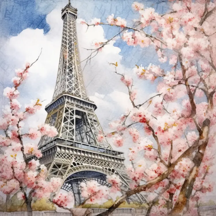 Eiffel Tower with Cherry Blossoms in Spring