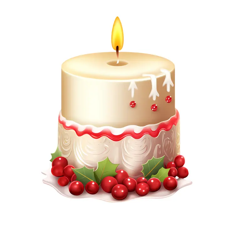 White Candle with Holly and Berries