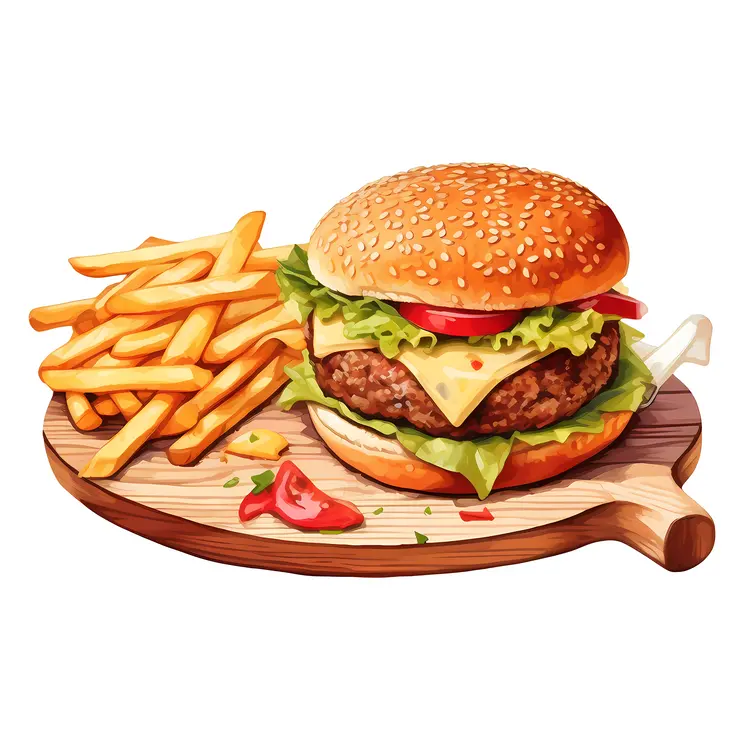 Delicious Cheeseburger with Fries on Wooden Board