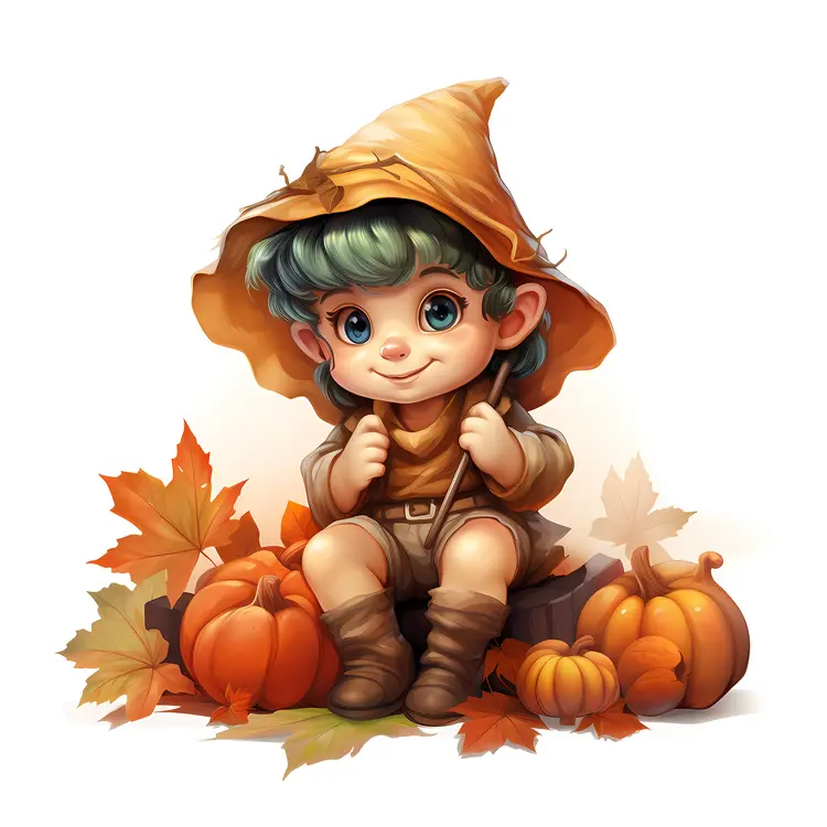 Cute Elf with Pumpkins and Autumn Leaves