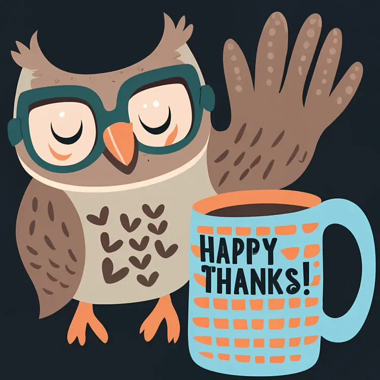Cute Owl with Glasses and Coffee Cup Saying Happy Thanks