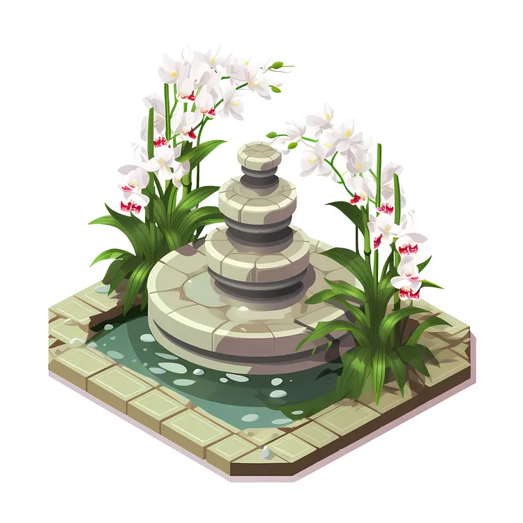 White Orchids and Fountain in Zen Arrangement