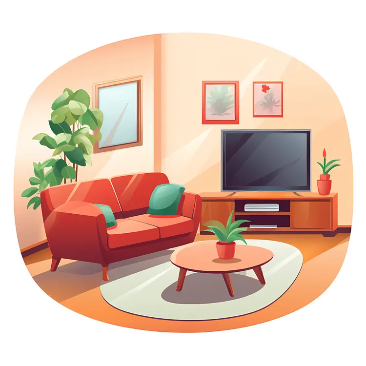 Cozy Living Room with Red Sofa and TV