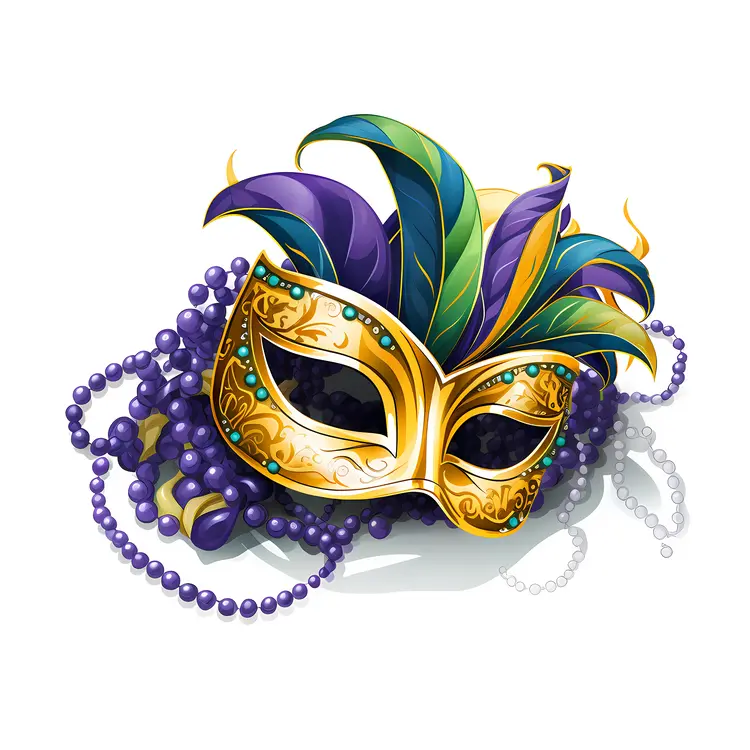 Gold and Purple Mask with Beads for Mardi Gras
