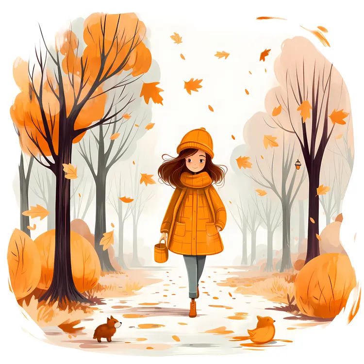 Girl Walking in Autumn Forest