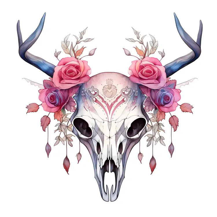 Decorative Skull with Flowers and Horns