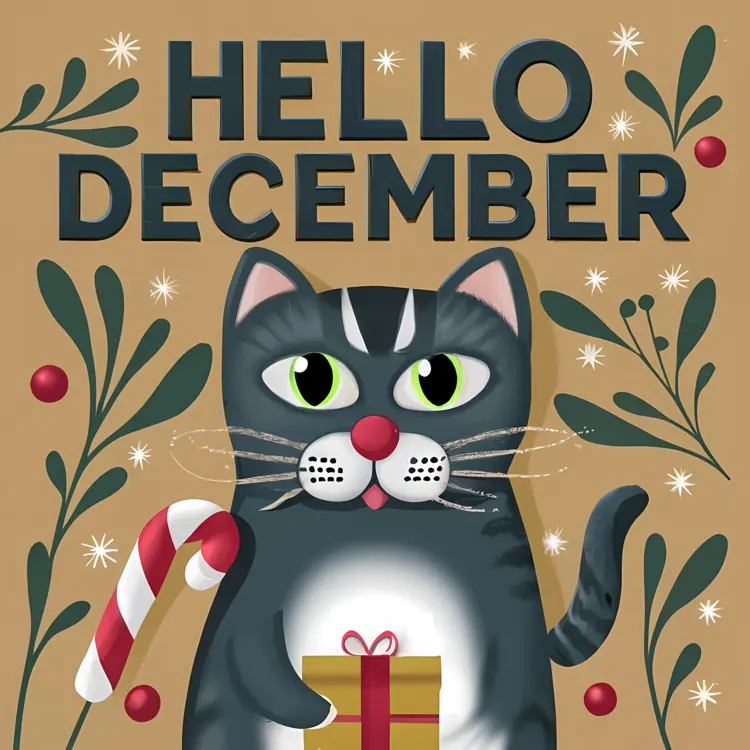 Hello December with Cat Holding Candy Cane