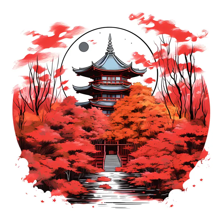 Red Pagoda with Autumn Trees