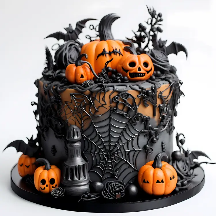 Spooky Halloween Cake with Pumpkins and Bats