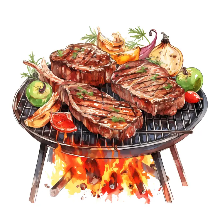 Grilled Steaks on Barbecue with Flames