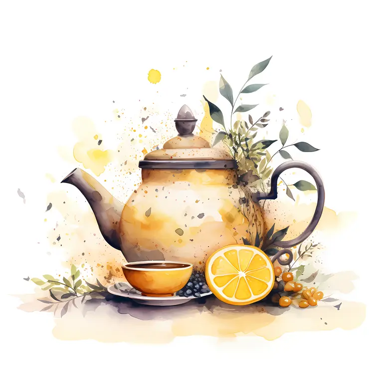Vintage Teapot with Lemon and Leaves