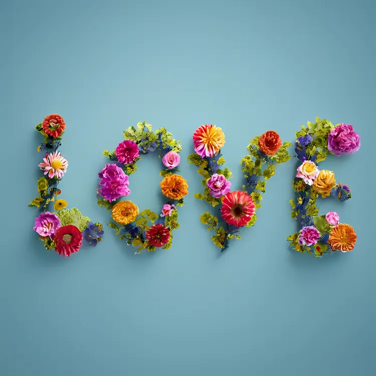 Floral Love Typography on Blue Background