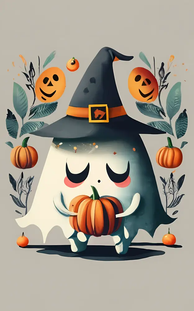 Cute ghost with witch hat and pumpkin