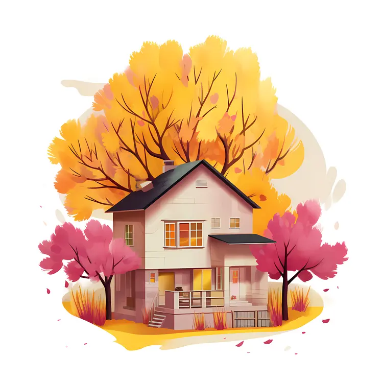 Charming House with Autumn Leaves