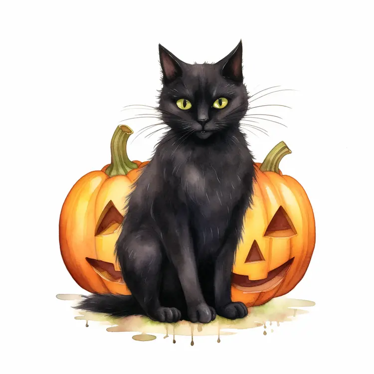 Black Cat with Halloween Pumpkins
