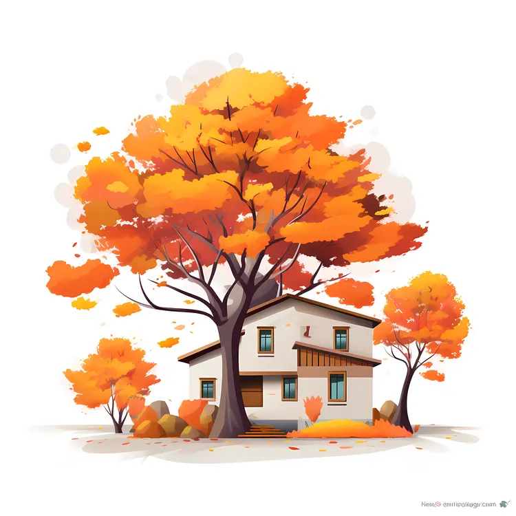 Small cute doodle house with autumn trees