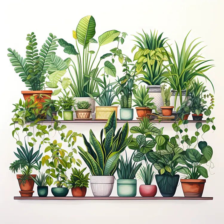 Variety of Potted Plants on Shelves