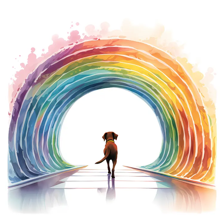 Dog Walking Through a Rainbow Tunnel