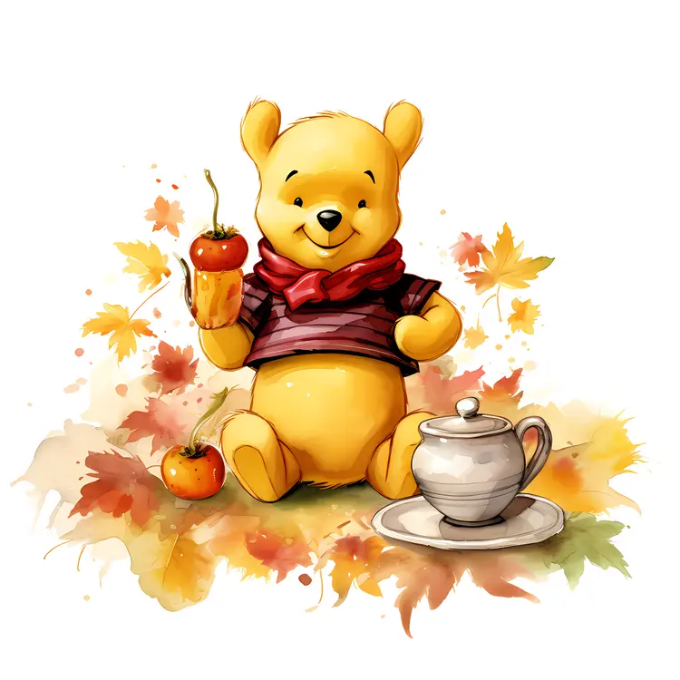 Yellow Bear with Scarf and Tea