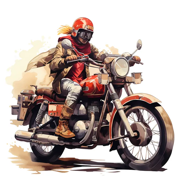 Rider with Red Helmet on Vintage Motorcycle