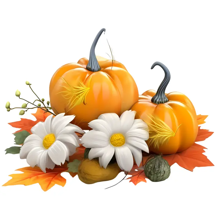 Pumpkins with Leaves and Flowers