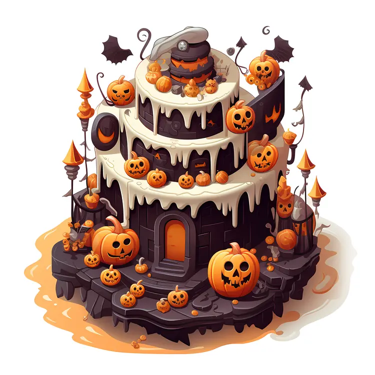 Whimsical Halloween Cake with Pumpkins and Haunted House