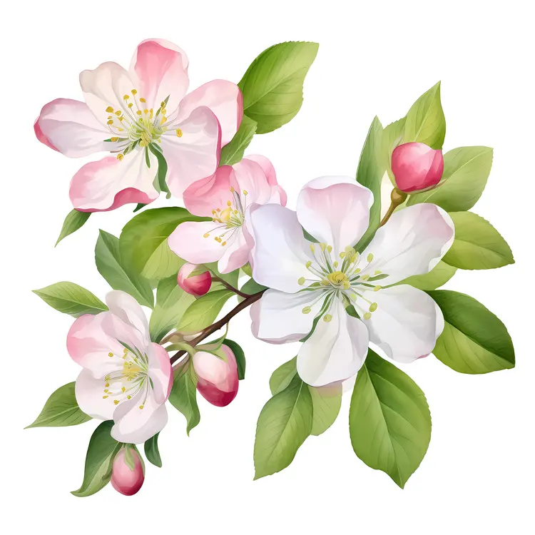 Apple Blossoms with Leaves and Pink Buds