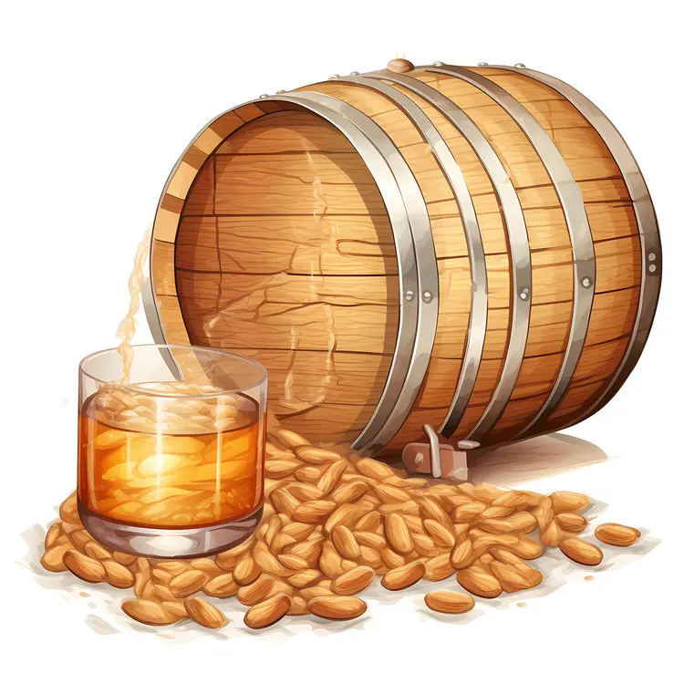 Wooden Barrel with Whiskey and Glass