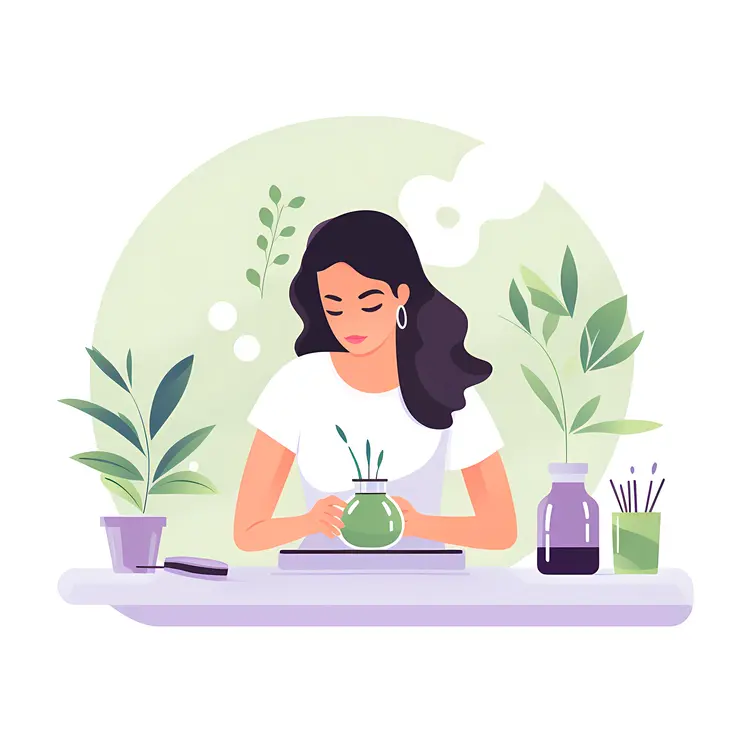 Woman with Aromatherapy Bottles and Plants