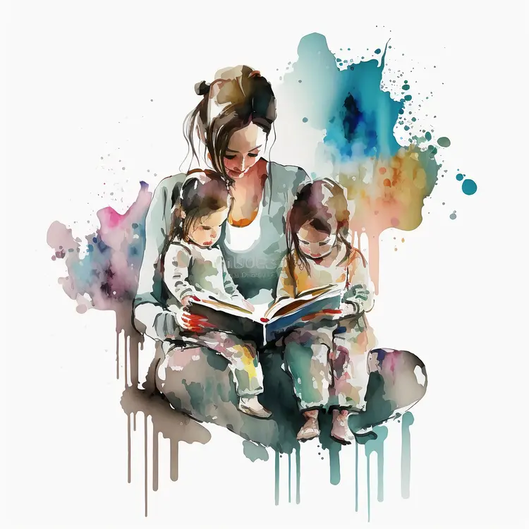 Watercolor Illustration of Mother Reading to Children