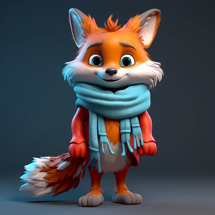 Cute Fox in Blue Scarf and Red Clothes