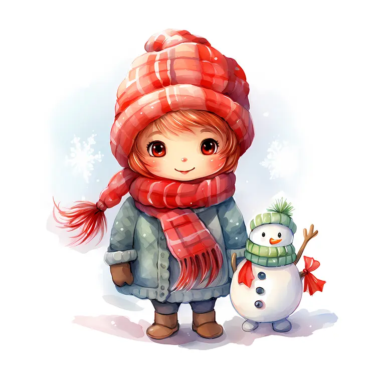 Cute Girl in Winter Clothes with Snowman