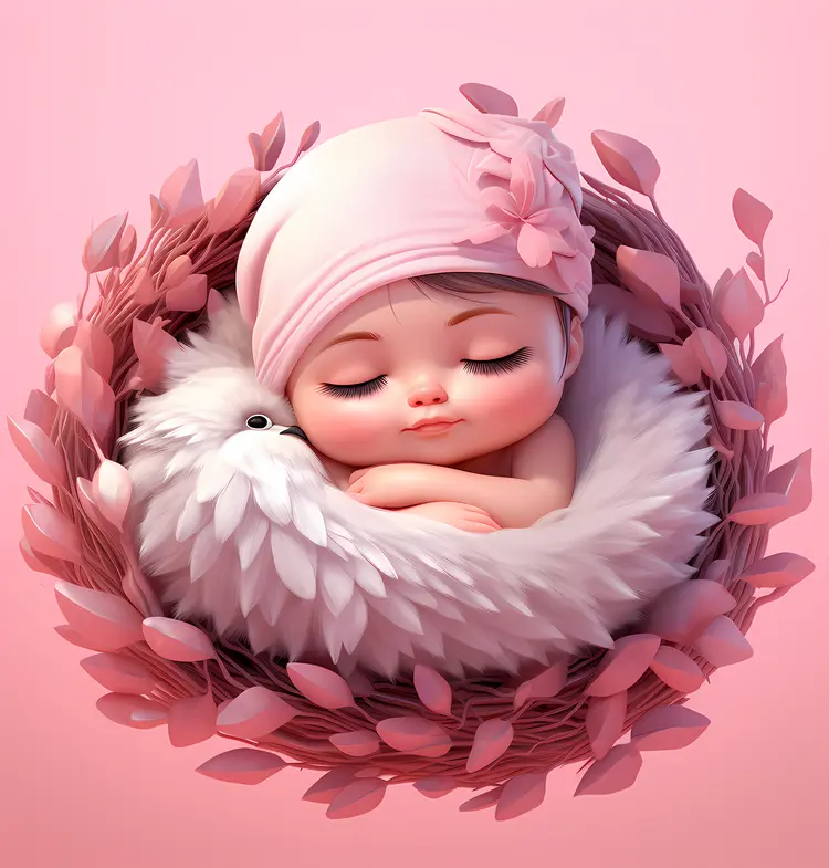 Sleeping Baby in a Nest with Leaves