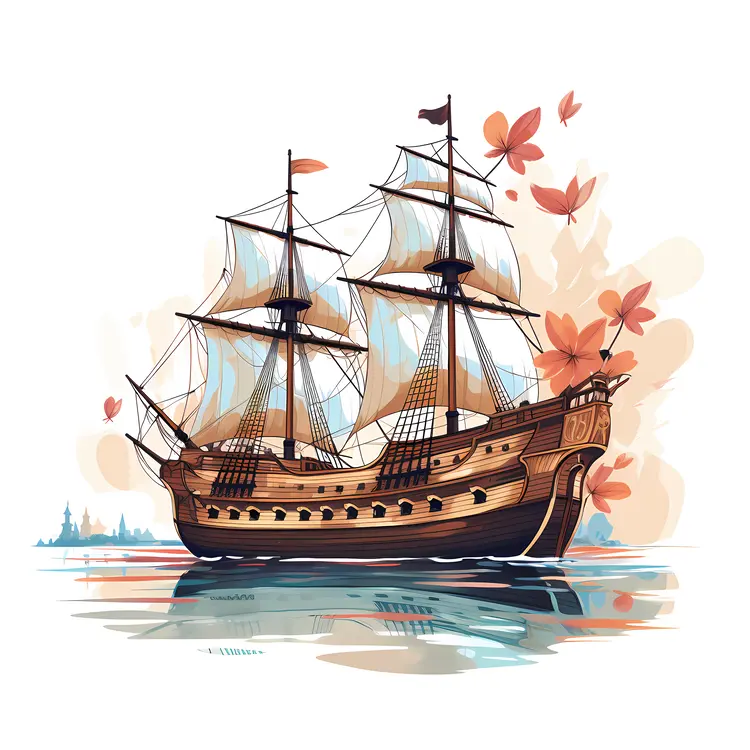 Sailing Ship with Autumn Leaves