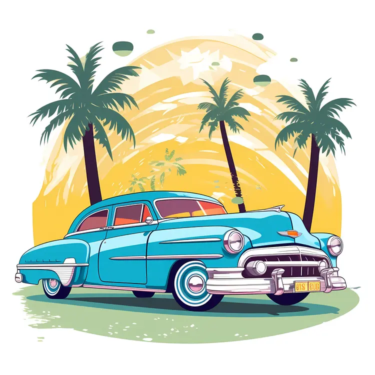 Vintage Blue Car with Palm Trees and Sunset