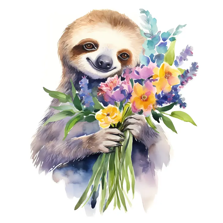 Cute Sloth Holding a Bouquet of Flowers