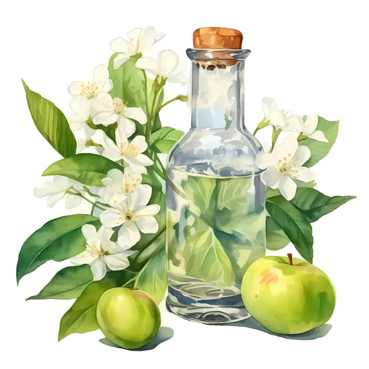 White Flowers in Glass Bottle with Green Apples