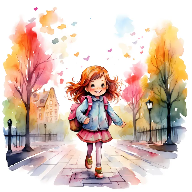Happy Girl with Backpack Running in Autumn