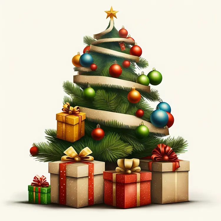 Beautiful Christmas Tree with Gifts and Ornaments